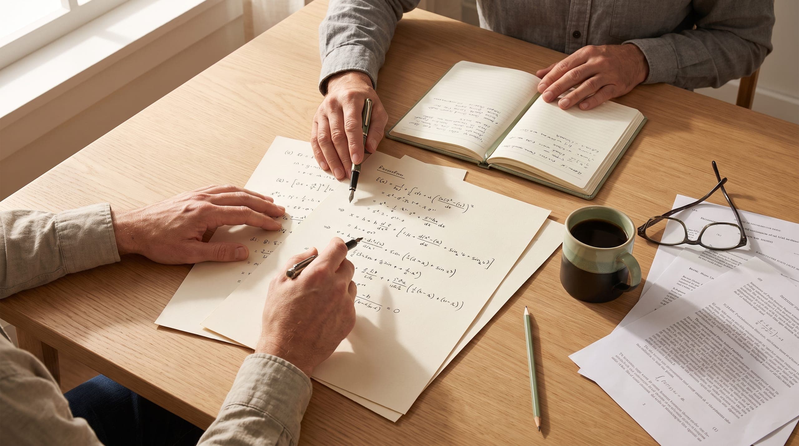 Two researchers working through handwritten derivations across a desk