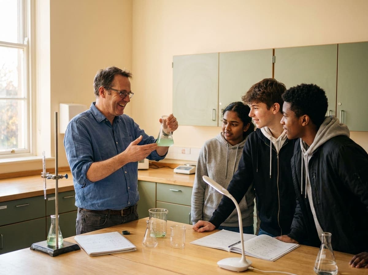 A professor mid-demonstration, holding up a flask as students lean in